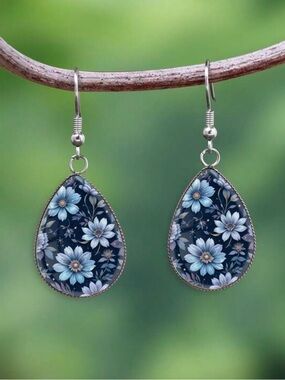 Floral Teardrop Drop Earrings - Blue
